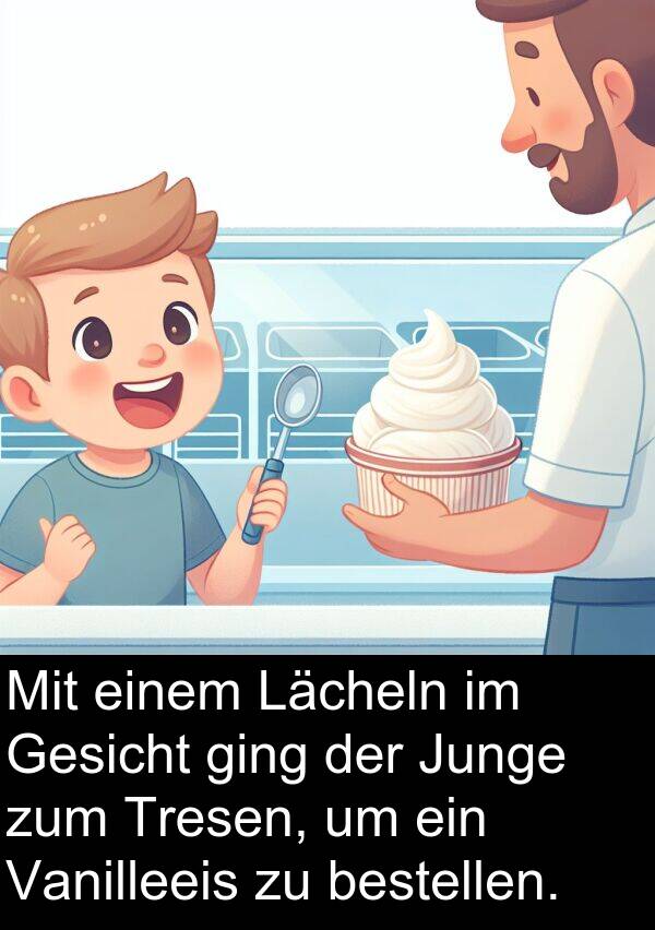 Lächeln: Mit einem Lächeln im Gesicht ging der Junge zum Tresen, um ein Vanilleeis zu bestellen.