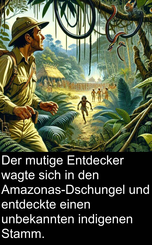 wagte: Der mutige Entdecker wagte sich in den Amazonas-Dschungel und entdeckte einen unbekannten indigenen Stamm.