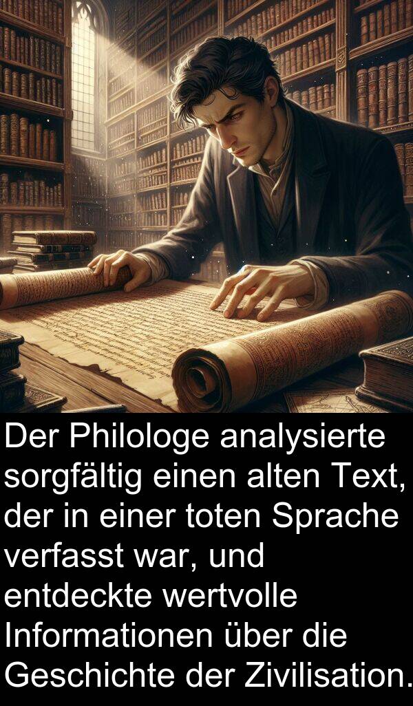 sorgfältig: Der Philologe analysierte sorgfältig einen alten Text, der in einer toten Sprache verfasst war, und entdeckte wertvolle Informationen über die Geschichte der Zivilisation.