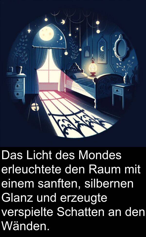 sanften: Das Licht des Mondes erleuchtete den Raum mit einem sanften, silbernen Glanz und erzeugte verspielte Schatten an den Wänden.