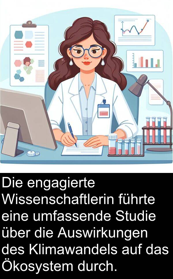 führte: Die engagierte Wissenschaftlerin führte eine umfassende Studie über die Auswirkungen des Klimawandels auf das Ökosystem durch.