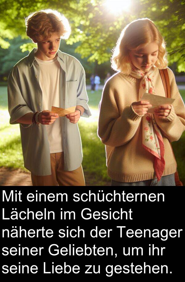 Lächeln: Mit einem schüchternen Lächeln im Gesicht näherte sich der Teenager seiner Geliebten, um ihr seine Liebe zu gestehen.