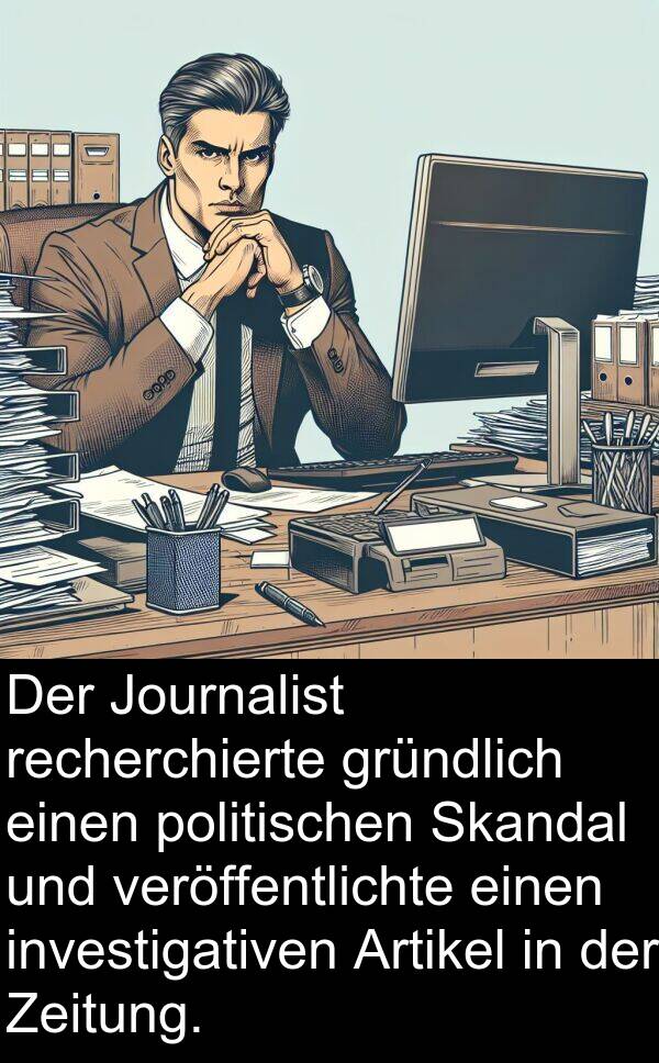 Journalist: Der Journalist recherchierte gründlich einen politischen Skandal und veröffentlichte einen investigativen Artikel in der Zeitung.