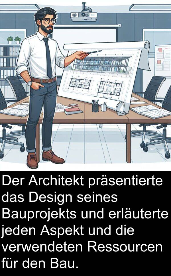 Ressourcen: Der Architekt präsentierte das Design seines Bauprojekts und erläuterte jeden Aspekt und die verwendeten Ressourcen für den Bau.