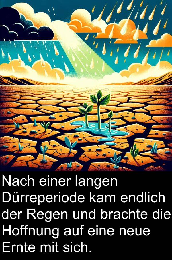 Dürreperiode: Nach einer langen Dürreperiode kam endlich der Regen und brachte die Hoffnung auf eine neue Ernte mit sich.