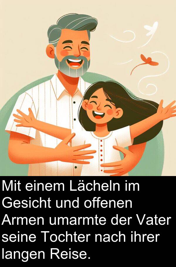 Lächeln: Mit einem Lächeln im Gesicht und offenen Armen umarmte der Vater seine Tochter nach ihrer langen Reise.