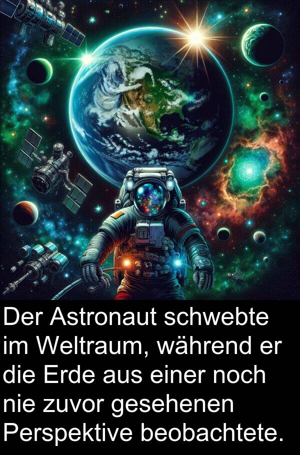zuvor: Der Astronaut schwebte im Weltraum, während er die Erde aus einer noch nie zuvor gesehenen Perspektive beobachtete.