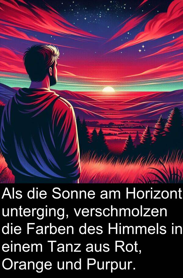 Farben: Als die Sonne am Horizont unterging, verschmolzen die Farben des Himmels in einem Tanz aus Rot, Orange und Purpur.