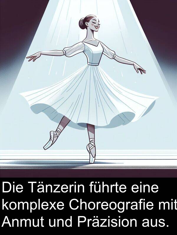 führte: Die Tänzerin führte eine komplexe Choreografie mit Anmut und Präzision aus.