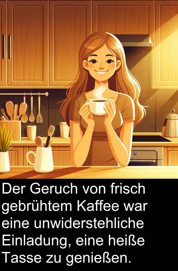 frisch: Der Geruch von frisch gebrühtem Kaffee war eine unwiderstehliche Einladung, eine heiße Tasse zu genießen.