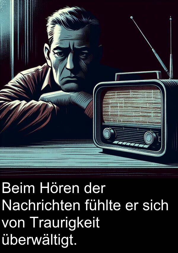 fühlte: Beim Hören der Nachrichten fühlte er sich von Traurigkeit überwältigt.