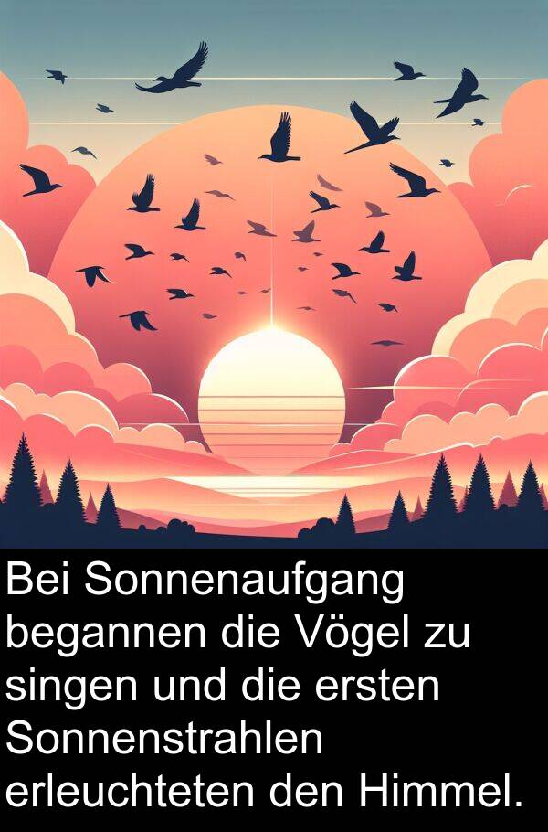 Sonnenstrahlen: Bei Sonnenaufgang begannen die Vögel zu singen und die ersten Sonnenstrahlen erleuchteten den Himmel.