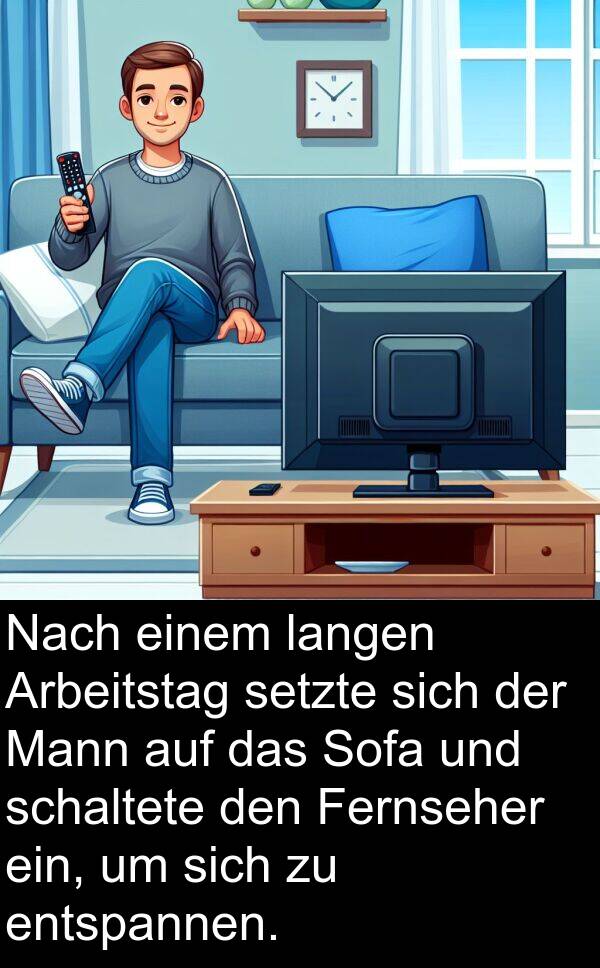 Fernseher: Nach einem langen Arbeitstag setzte sich der Mann auf das Sofa und schaltete den Fernseher ein, um sich zu entspannen.