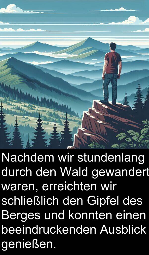 Wald: Nachdem wir stundenlang durch den Wald gewandert waren, erreichten wir schließlich den Gipfel des Berges und konnten einen beeindruckenden Ausblick genießen.