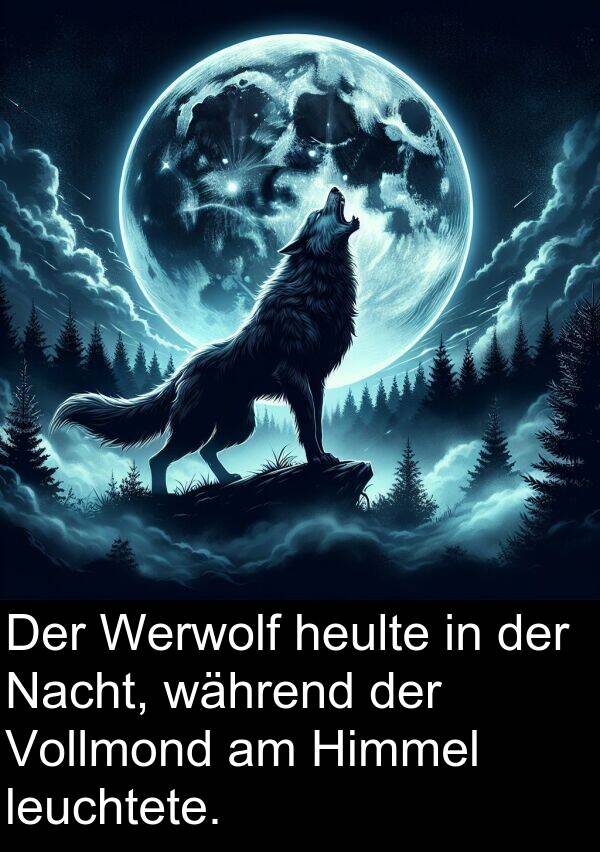 Himmel: Der Werwolf heulte in der Nacht, während der Vollmond am Himmel leuchtete.