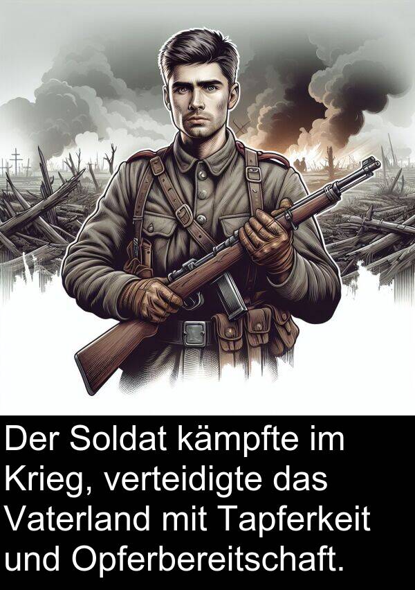 kämpfte: Der Soldat kämpfte im Krieg, verteidigte das Vaterland mit Tapferkeit und Opferbereitschaft.