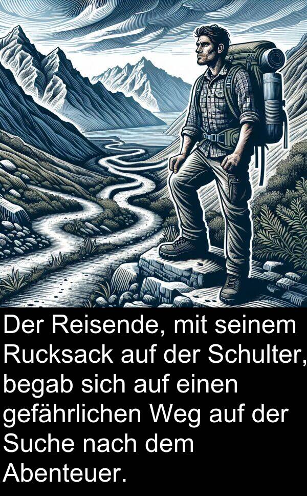 Suche: Der Reisende, mit seinem Rucksack auf der Schulter, begab sich auf einen gefährlichen Weg auf der Suche nach dem Abenteuer.