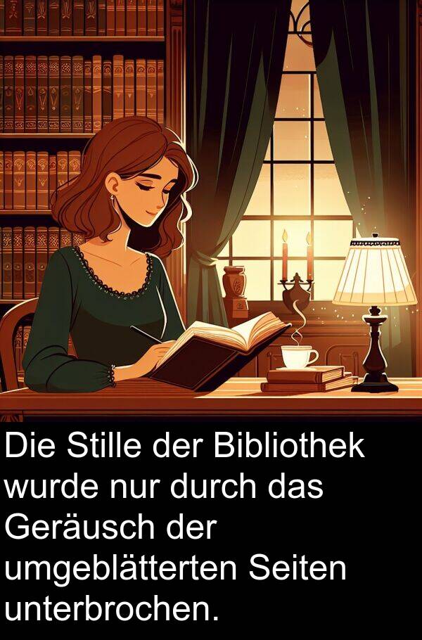 unterbrochen: Die Stille der Bibliothek wurde nur durch das Geräusch der umgeblätterten Seiten unterbrochen.