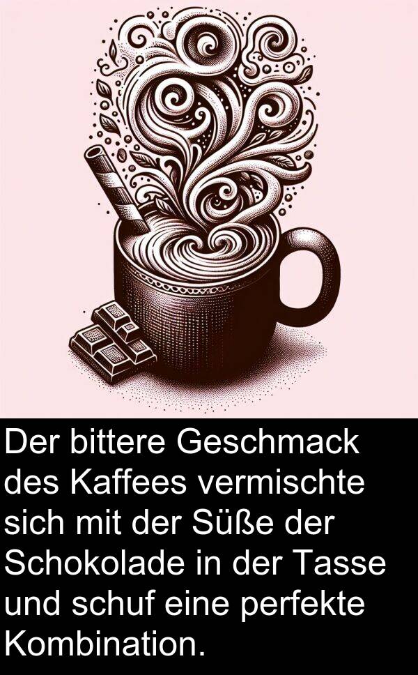 Kaffees: Der bittere Geschmack des Kaffees vermischte sich mit der Süße der Schokolade in der Tasse und schuf eine perfekte Kombination.
