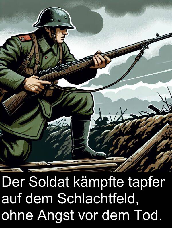 kämpfte: Der Soldat kämpfte tapfer auf dem Schlachtfeld, ohne Angst vor dem Tod.