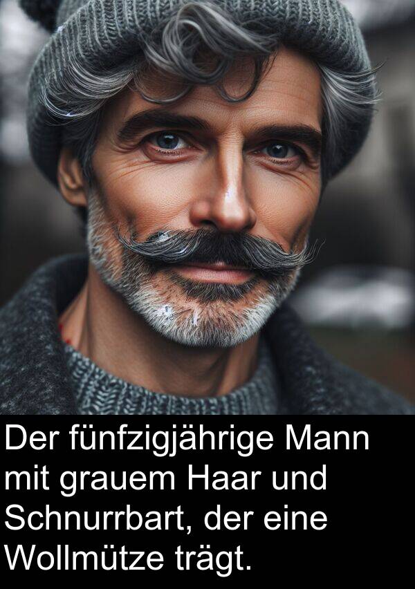 Haar: Der fünfzigjährige Mann mit grauem Haar und Schnurrbart, der eine Wollmütze trägt.