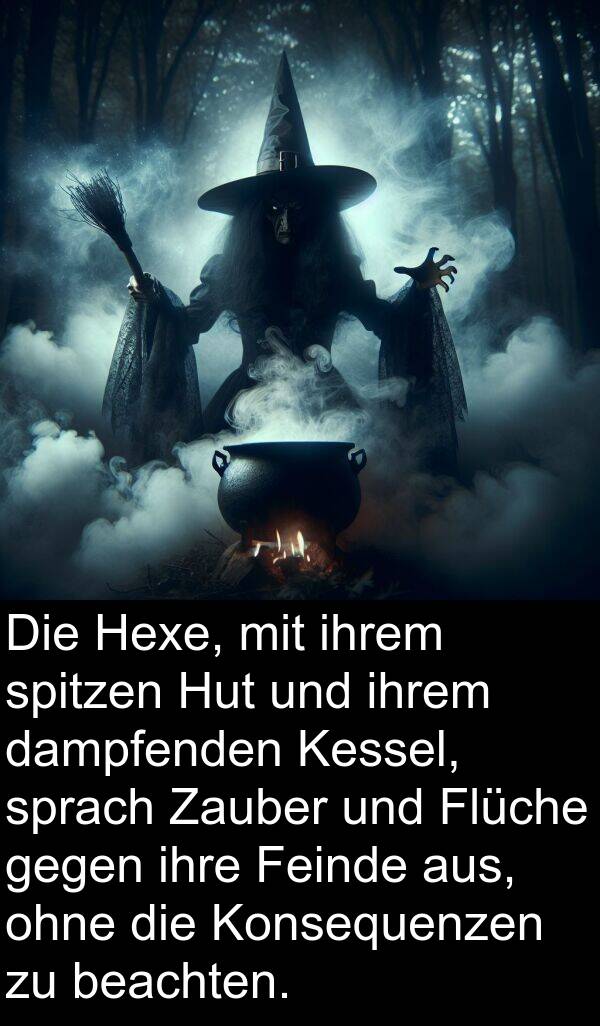 dampfenden: Die Hexe, mit ihrem spitzen Hut und ihrem dampfenden Kessel, sprach Zauber und Flüche gegen ihre Feinde aus, ohne die Konsequenzen zu beachten.