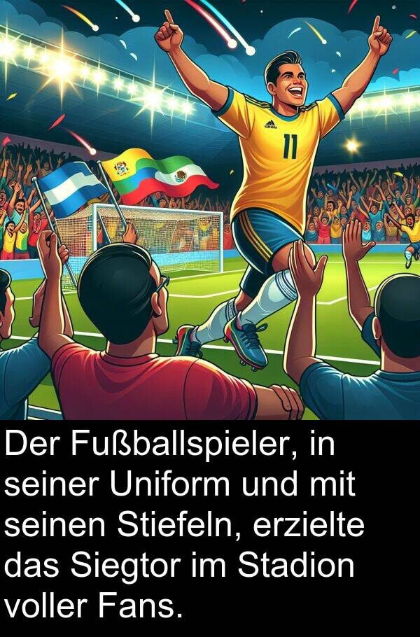 Uniform: Der Fußballspieler, in seiner Uniform und mit seinen Stiefeln, erzielte das Siegtor im Stadion voller Fans.