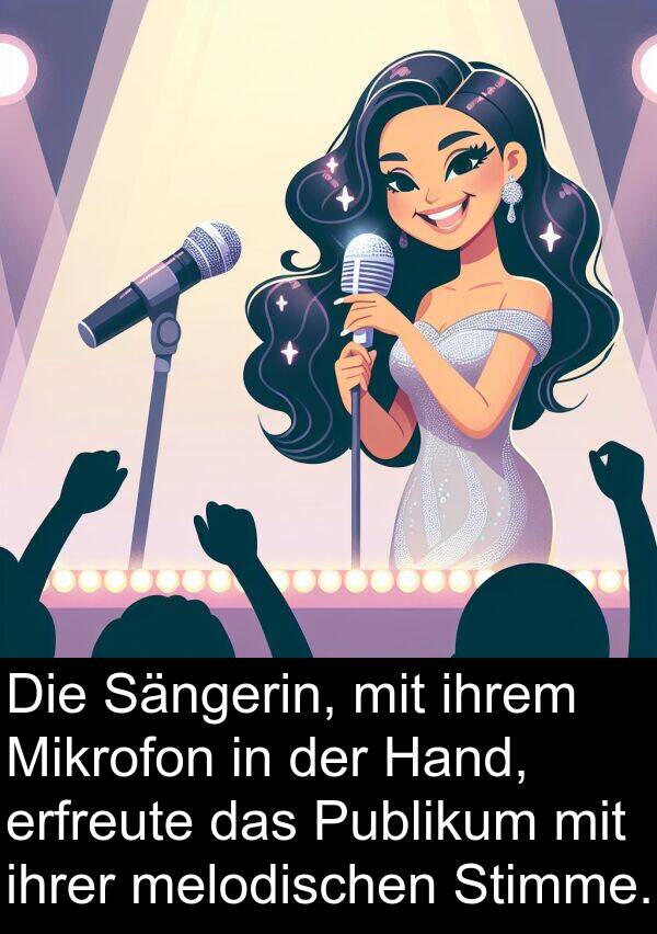 ihrer: Die Sängerin, mit ihrem Mikrofon in der Hand, erfreute das Publikum mit ihrer melodischen Stimme.