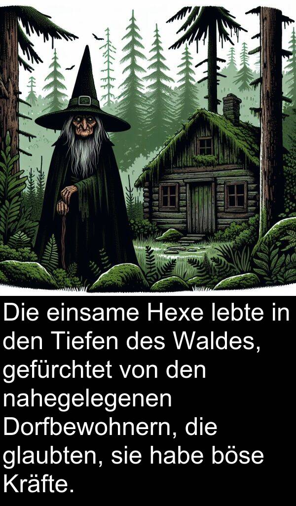 Waldes: Die einsame Hexe lebte in den Tiefen des Waldes, gefürchtet von den nahegelegenen Dorfbewohnern, die glaubten, sie habe böse Kräfte.