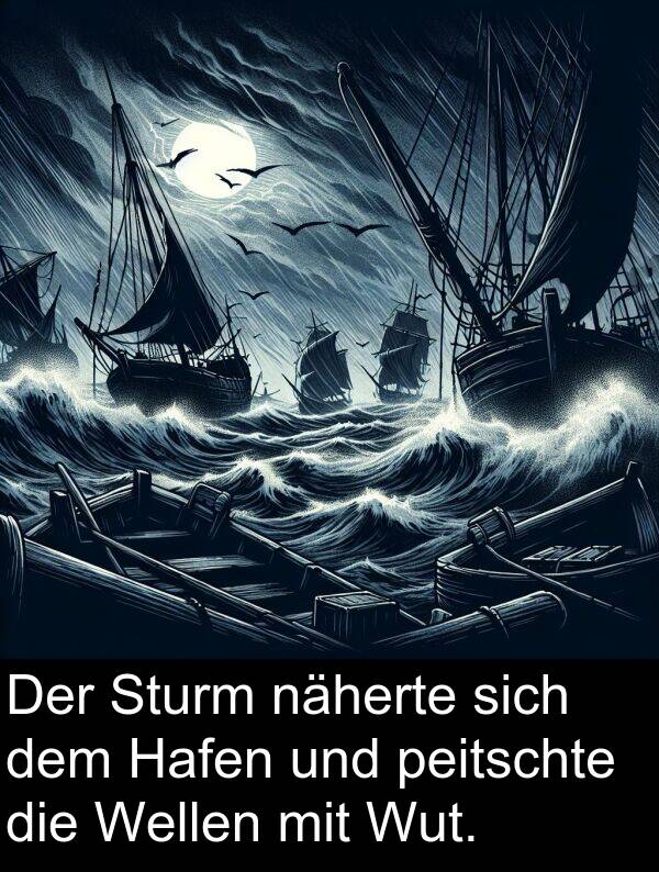 Hafen: Der Sturm näherte sich dem Hafen und peitschte die Wellen mit Wut.
