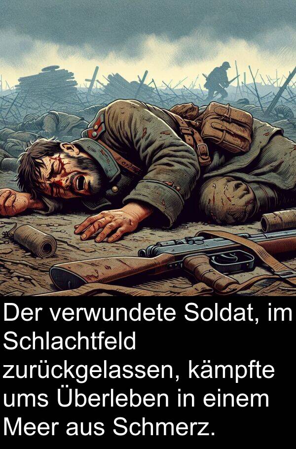 kämpfte: Der verwundete Soldat, im Schlachtfeld zurückgelassen, kämpfte ums Überleben in einem Meer aus Schmerz.