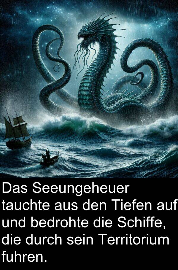 tauchte: Das Seeungeheuer tauchte aus den Tiefen auf und bedrohte die Schiffe, die durch sein Territorium fuhren.