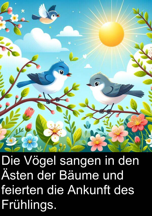 Frühlings: Die Vögel sangen in den Ästen der Bäume und feierten die Ankunft des Frühlings.