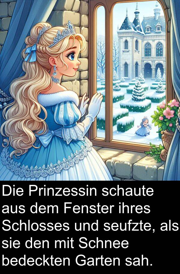 Fenster: Die Prinzessin schaute aus dem Fenster ihres Schlosses und seufzte, als sie den mit Schnee bedeckten Garten sah.