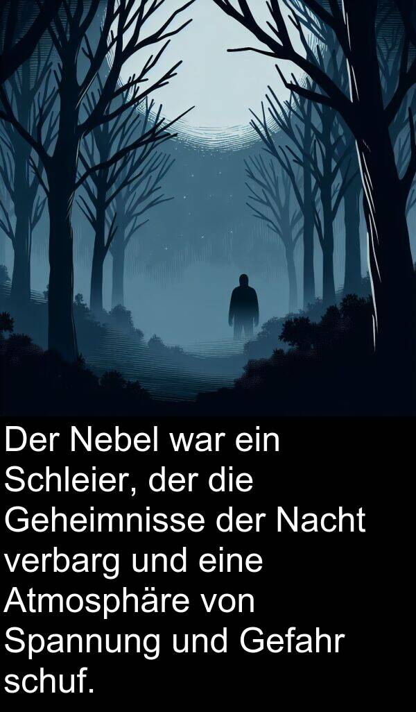 verbarg: Der Nebel war ein Schleier, der die Geheimnisse der Nacht verbarg und eine Atmosphäre von Spannung und Gefahr schuf.