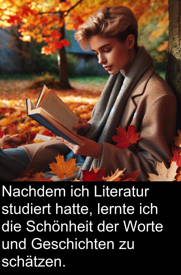 Literatur: Nachdem ich Literatur studiert hatte, lernte ich die Schönheit der Worte und Geschichten zu schätzen.