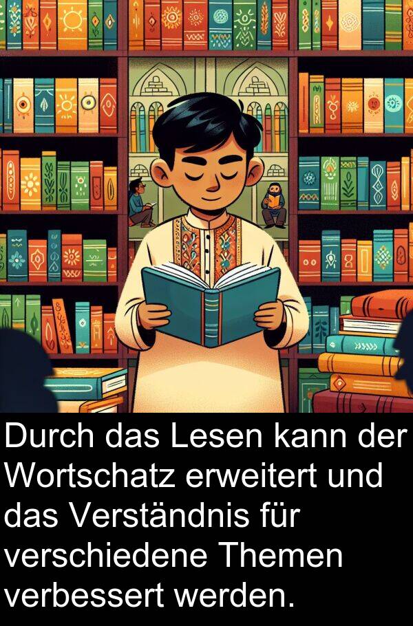 Wortschatz: Durch das Lesen kann der Wortschatz erweitert und das Verständnis für verschiedene Themen verbessert werden.