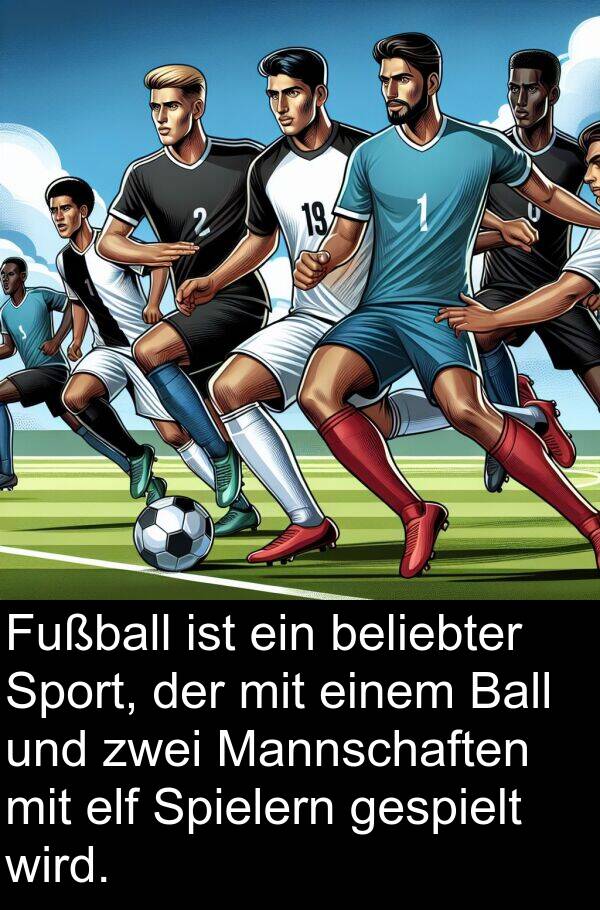 Fußball: Fußball ist ein beliebter Sport, der mit einem Ball und zwei Mannschaften mit elf Spielern gespielt wird.