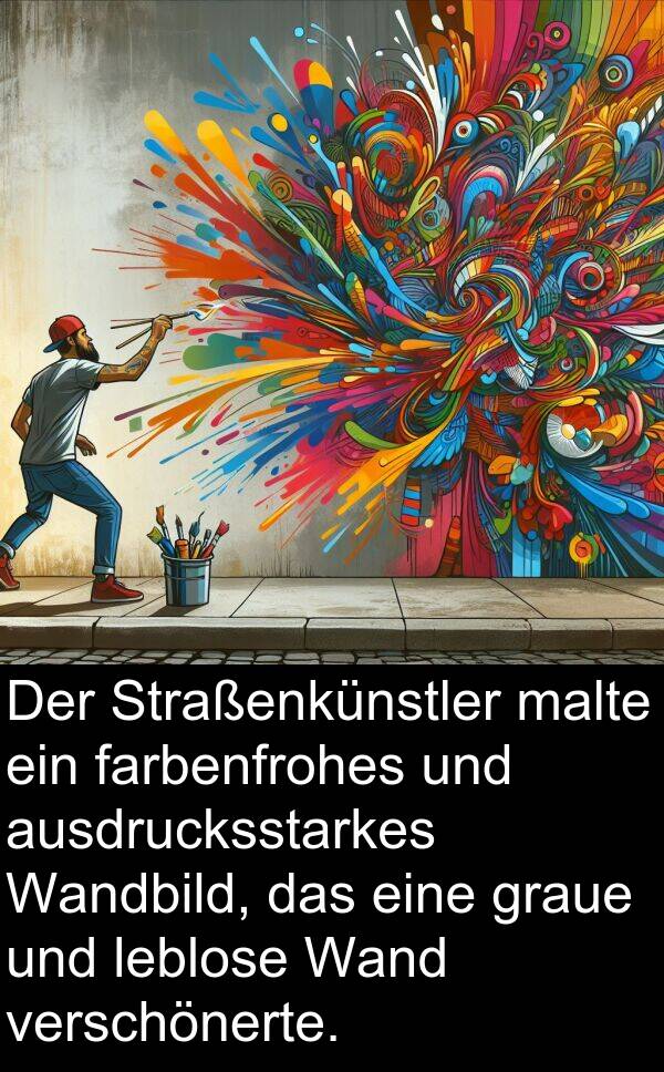 Wand: Der Straßenkünstler malte ein farbenfrohes und ausdrucksstarkes Wandbild, das eine graue und leblose Wand verschönerte.