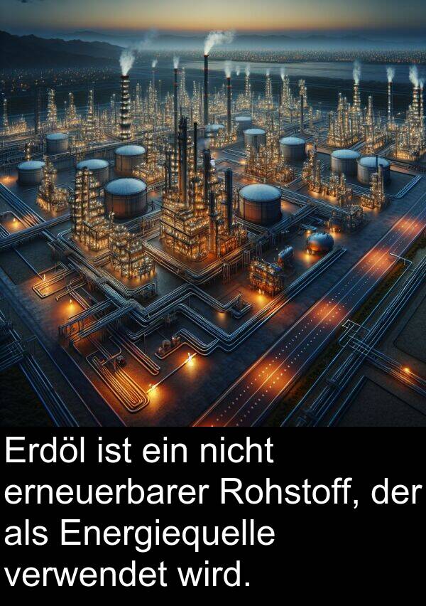 verwendet: Erdöl ist ein nicht erneuerbarer Rohstoff, der als Energiequelle verwendet wird.