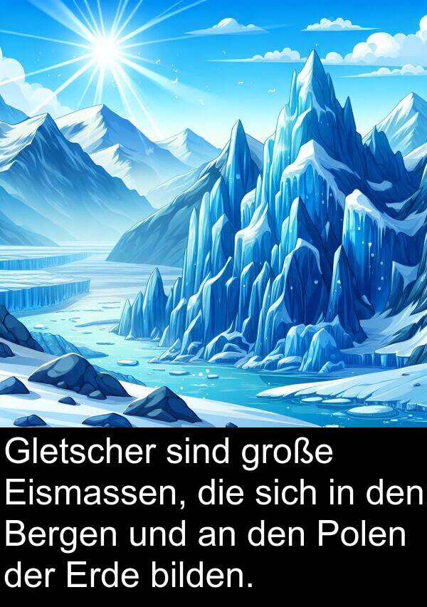 Polen: Gletscher sind große Eismassen, die sich in den Bergen und an den Polen der Erde bilden.