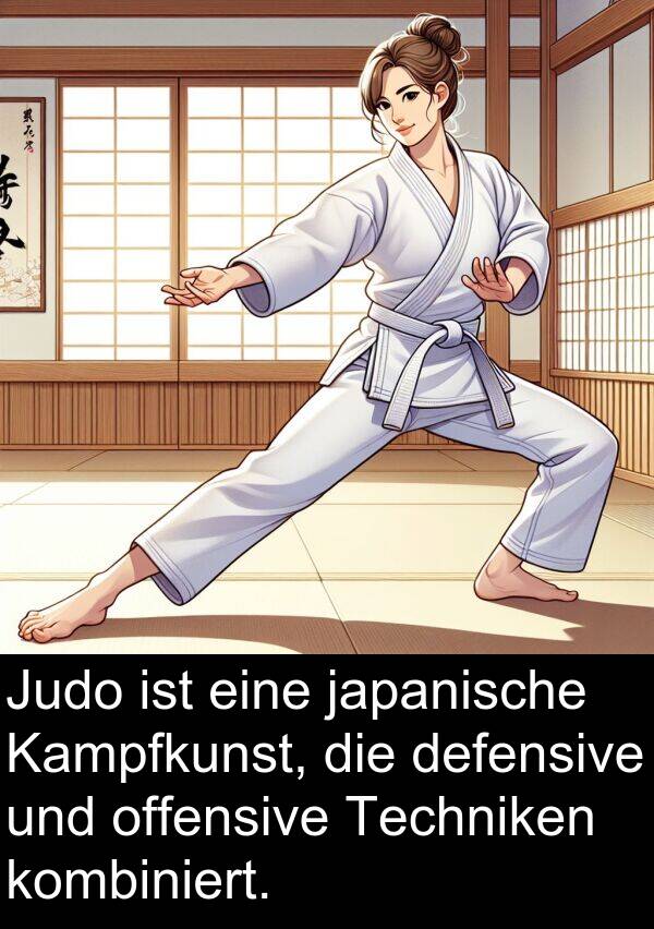 defensive: Judo ist eine japanische Kampfkunst, die defensive und offensive Techniken kombiniert.