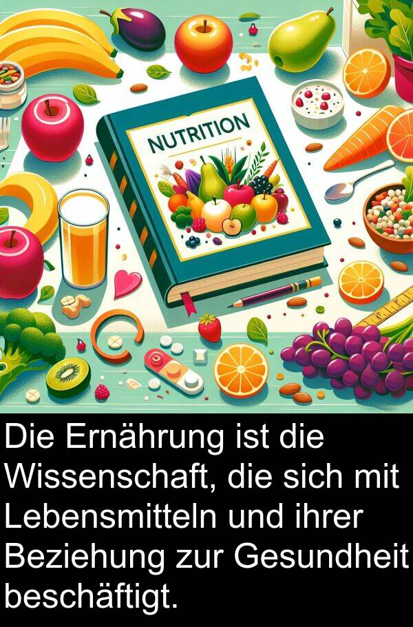 Wissenschaft: Die Ernährung ist die Wissenschaft, die sich mit Lebensmitteln und ihrer Beziehung zur Gesundheit beschäftigt.