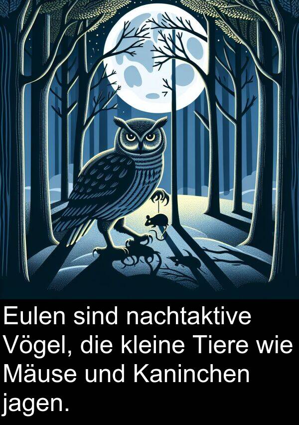 nachtaktive: Eulen sind nachtaktive Vögel, die kleine Tiere wie Mäuse und Kaninchen jagen.