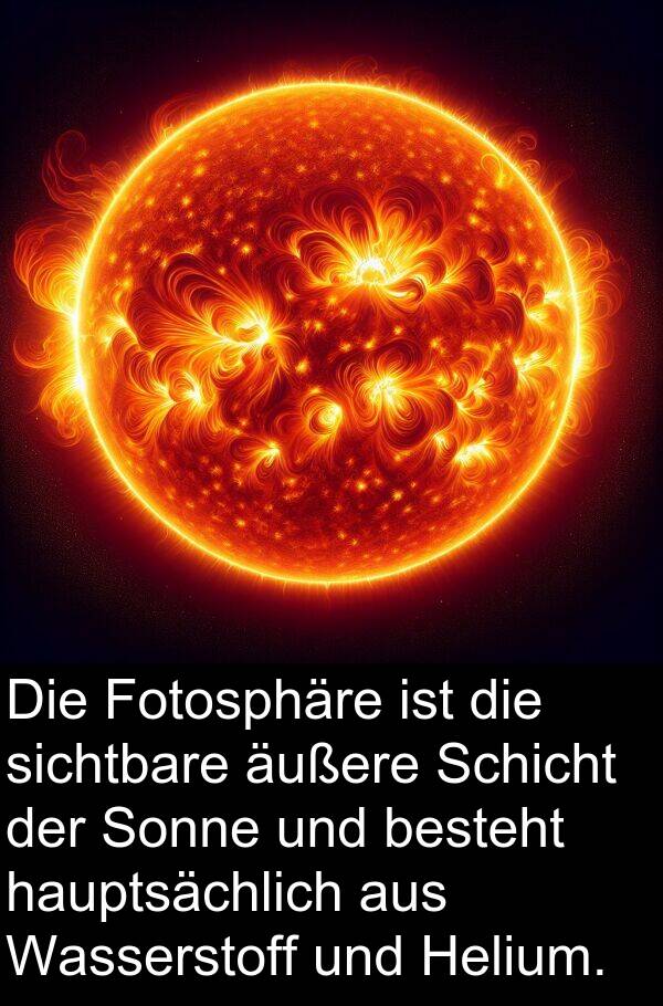 äußere: Die Fotosphäre ist die sichtbare äußere Schicht der Sonne und besteht hauptsächlich aus Wasserstoff und Helium.