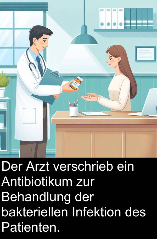Arzt: Der Arzt verschrieb ein Antibiotikum zur Behandlung der bakteriellen Infektion des Patienten.