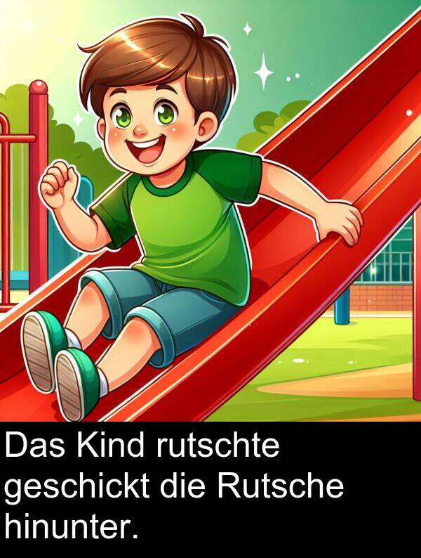 Rutsche: Das Kind rutschte geschickt die Rutsche hinunter.