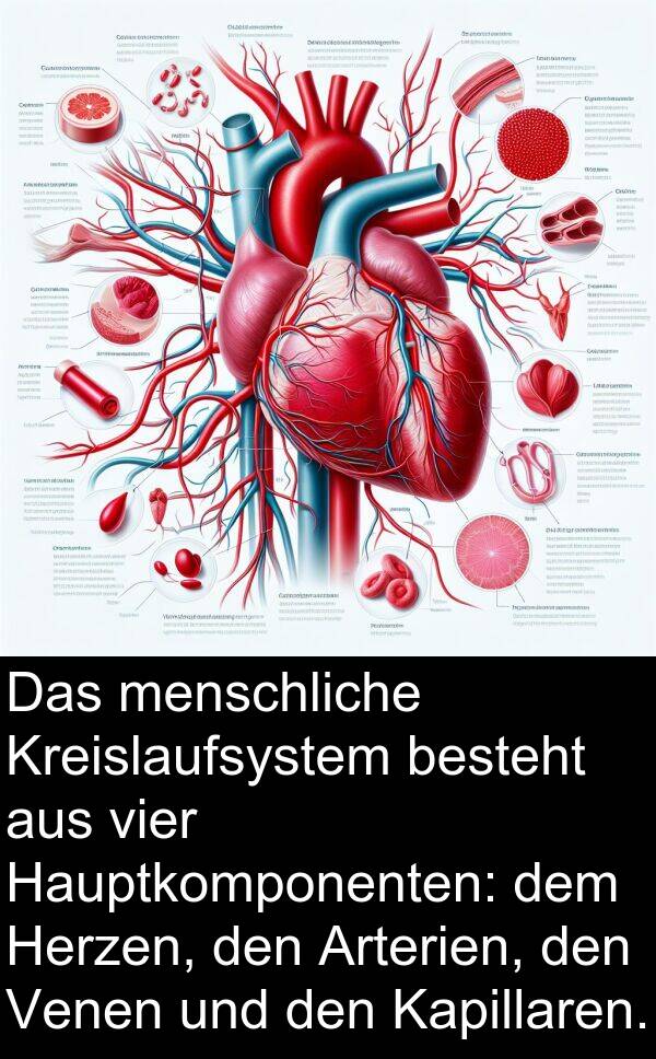 vier: Das menschliche Kreislaufsystem besteht aus vier Hauptkomponenten: dem Herzen, den Arterien, den Venen und den Kapillaren.