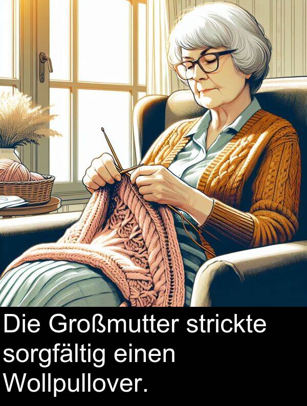 Wollpullover: Die Großmutter strickte sorgfältig einen Wollpullover.
