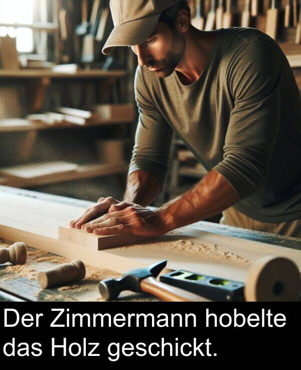 das: Der Zimmermann hobelte das Holz geschickt.
